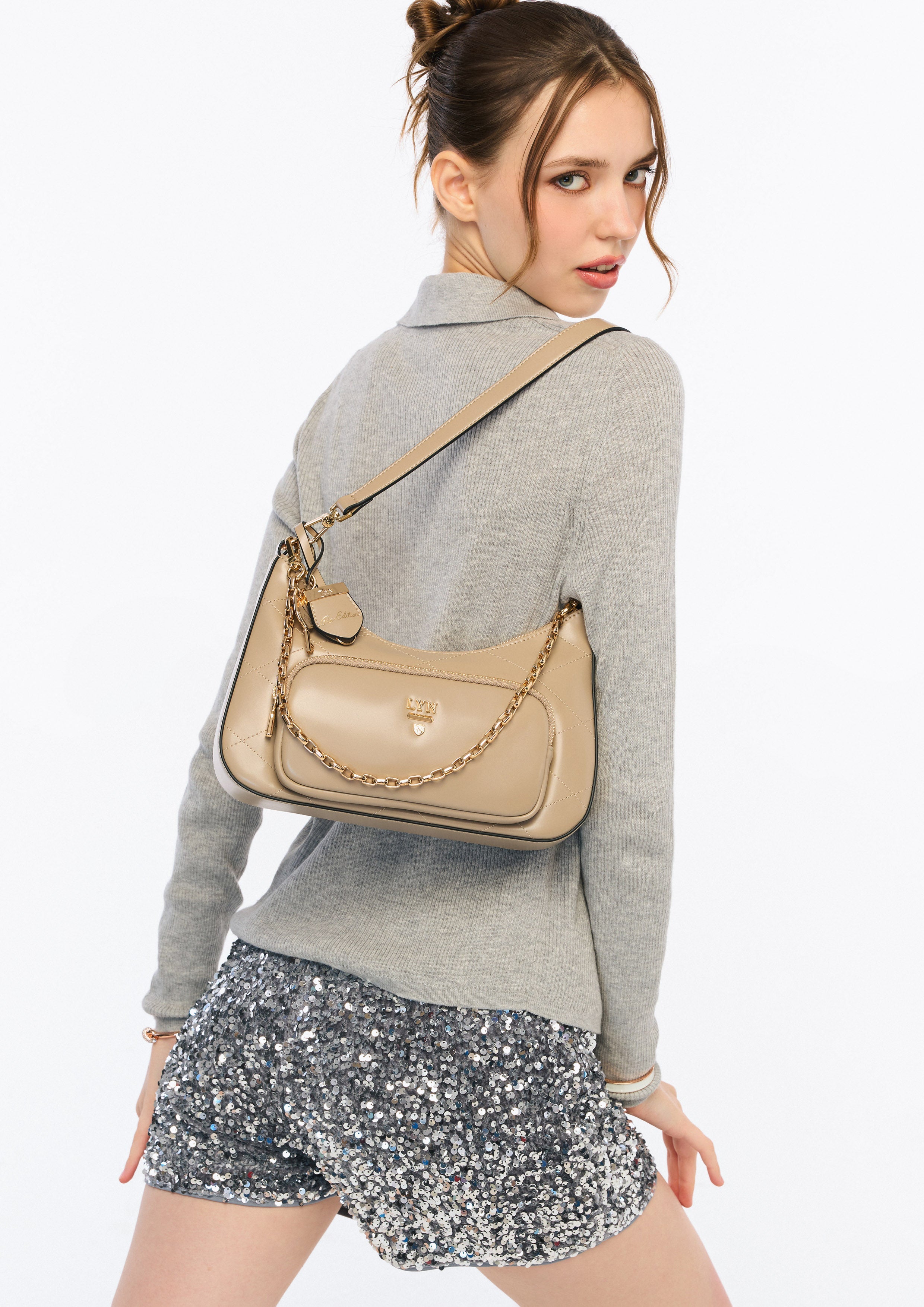 Re-Edit Rosee Quilt M Shoulder Bag Taupe