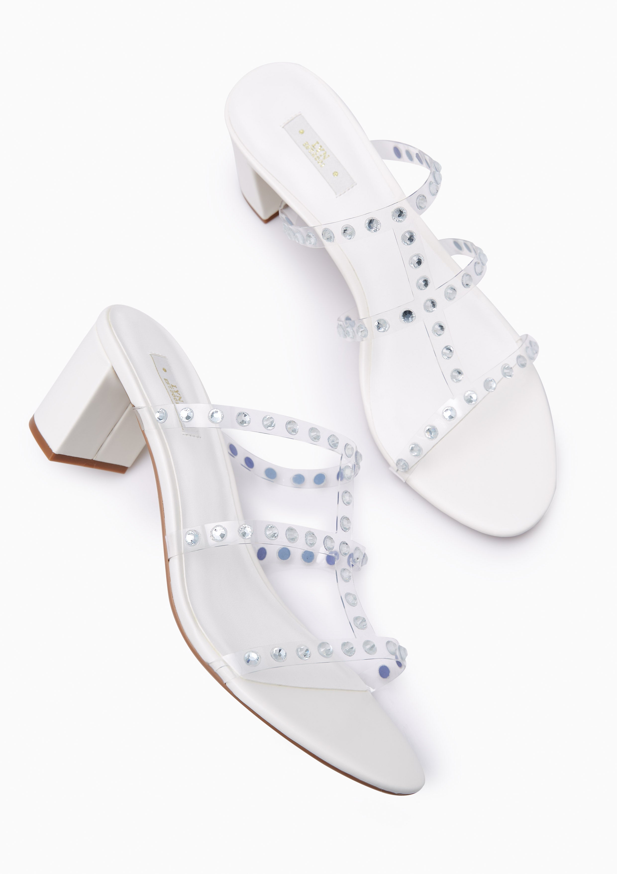 Linda Crystal Low Heel Sandals White